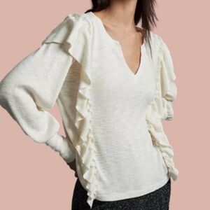 Pilcro Cozy Popover Ruffle Top Lightweight Oversized Sweater V Neck  Size S